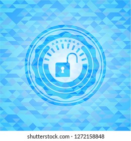 open lock icon inside sky blue emblem with mosaic background
