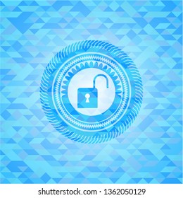 open lock icon inside sky blue emblem. Mosaic background
