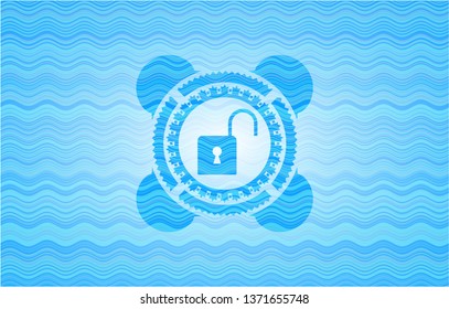 open lock icon inside sky blue water wave emblem.
