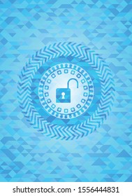 open lock icon inside sky blue emblem with mosaic background