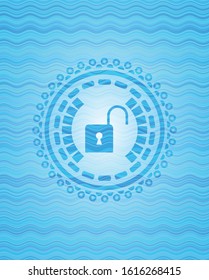 open lock icon inside sky blue water style emblem.