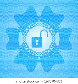 open lock icon inside sky blue water emblem background.