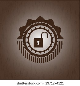 open lock icon inside vintage wood emblem