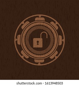 open lock icon inside vintage wooden emblem