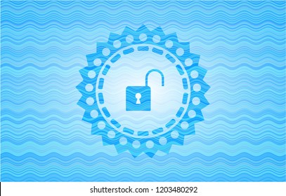 open lock icon inside water wave representation style badge.