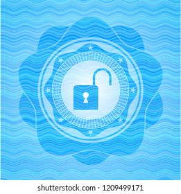 open lock icon inside water representation style emblem.