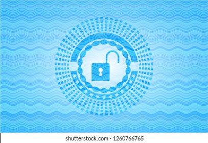 open lock icon inside water wave badge background.
