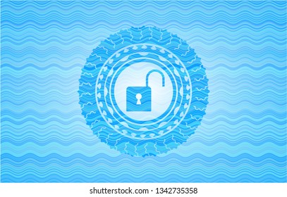open lock icon inside water emblem background.