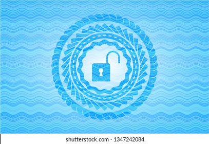 open lock icon inside water wave concept style emblem.