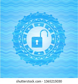 open lock icon inside water style emblem.