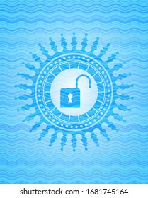 icono de bloqueo abierto dentro de la insignia de estilo de representación de olas de agua.