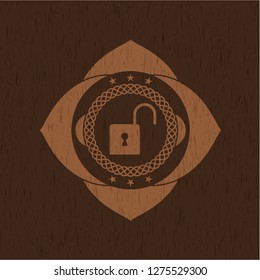 open lock icon inside wood emblem. Retro