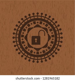 open lock icon inside wood emblem