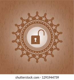 open lock icon inside wood badge or emblem