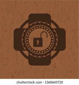 open lock icon inside wood emblem. Retro