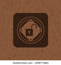 open lock icon inside wood emblem. Retro