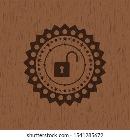 open lock icon inside wood badge or emblem
