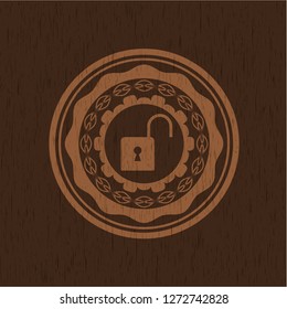 open lock icon inside wooden emblem