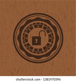 open lock icon inside wooden emblem. Retro