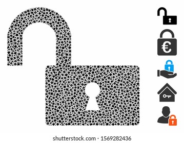 Open lock icon mosaic of bumpy elements in various sizes and color hues, based on open lock icon. Vector bumpy pieces are composed into collage. Open lock icons collage with dotted pattern.