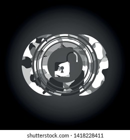 open lock icon on grey camouflage texture