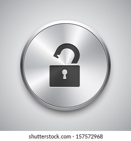Open lock icon on metal button. Vector background.