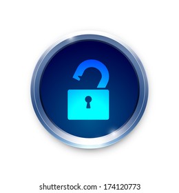 Open lock icon on metal blue button. Vector background. 