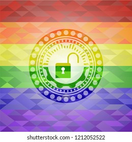  open lock icon on mosaic background with the colors of the LGBT flag