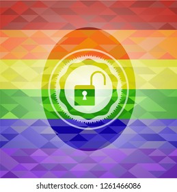 open lock icon on mosaic background with the colors of the LGBT flag