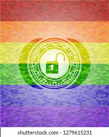 open lock icon on mosaic background with the colors of the LGBT flag