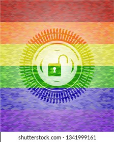 open lock icon on mosaic background with the colors of the LGBT flag