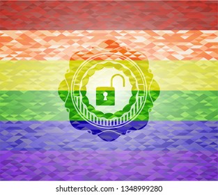 open lock icon on mosaic background with the colors of the LGBT flag