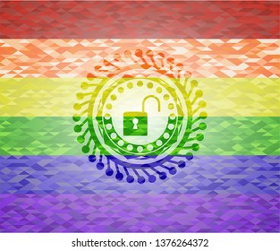 open lock icon on mosaic background with the colors of the LGBT flag