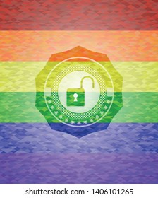 open lock icon on mosaic background with the colors of the LGBT flag