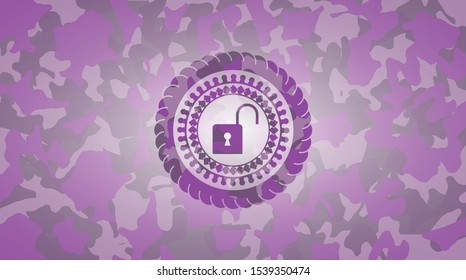 open lock icon on pink and purple camo pattern