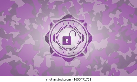 open lock icon on pink and purple camo pattern