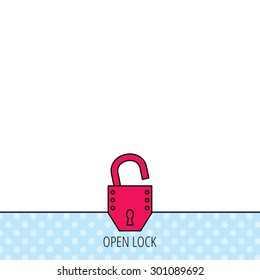 Open lock icon. Padlock or protection sign. Password symbol. Circles seamless pattern. Background with red icon. Vector