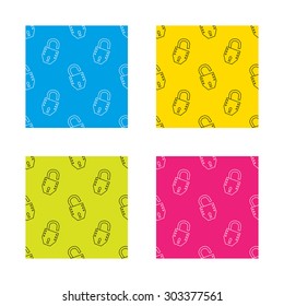 Open lock icon. Padlock or protection sign. Password symbol. Textures with icon. Seamless patterns set. Vector