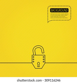 Open lock icon. Padlock or protection sign. Password symbol. Speech bubble of dotted line. Orange background. Vector