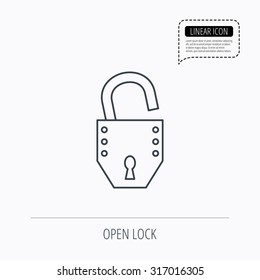 Open lock icon. Padlock or protection sign. Password symbol. Linear outline icon. Speech bubble of dotted line. Vector