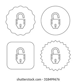 Open lock icon. Padlock or protection sign. Password symbol. Flat circle, star and emblem buttons. Labels design. Vector