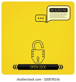 Open lock icon. Padlock or protection sign. Password symbol. Chat speech bubbles. Orange line background. Vector