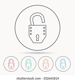 Open lock icon. Padlock or protection sign. Password symbol. Linear circle icons.