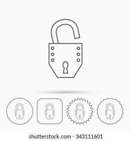 Open lock icon. Padlock or protection sign. Password symbol. Linear circle, square and star buttons with icons.