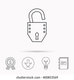 Open lock icon. Padlock or protection sign. Password symbol. Download arrow, lamp, learn book and award medal icons.