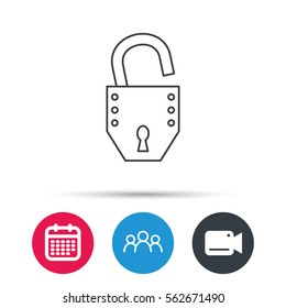 Open lock icon. Padlock or protection sign. Password symbol. Group of people, video cam and calendar icons. Vector