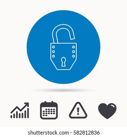 Open lock icon. Padlock or protection sign. Password symbol. Calendar, attention sign and growth chart. Button with web icon. Vector