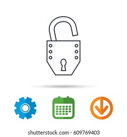 Open lock icon. Padlock or protection sign. Password symbol. Calendar, cogwheel and download arrow signs. Colored flat web icons. Vector
