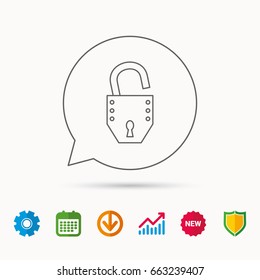 Open lock icon. Padlock or protection sign. Password symbol. Calendar, Graph chart and Cogwheel signs. Download and Shield web icons. Vector