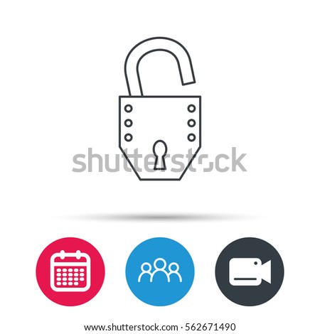 Open lock icon. Padlock or protection sign. Password symbol. Group of people, video cam and calendar icons. Vector